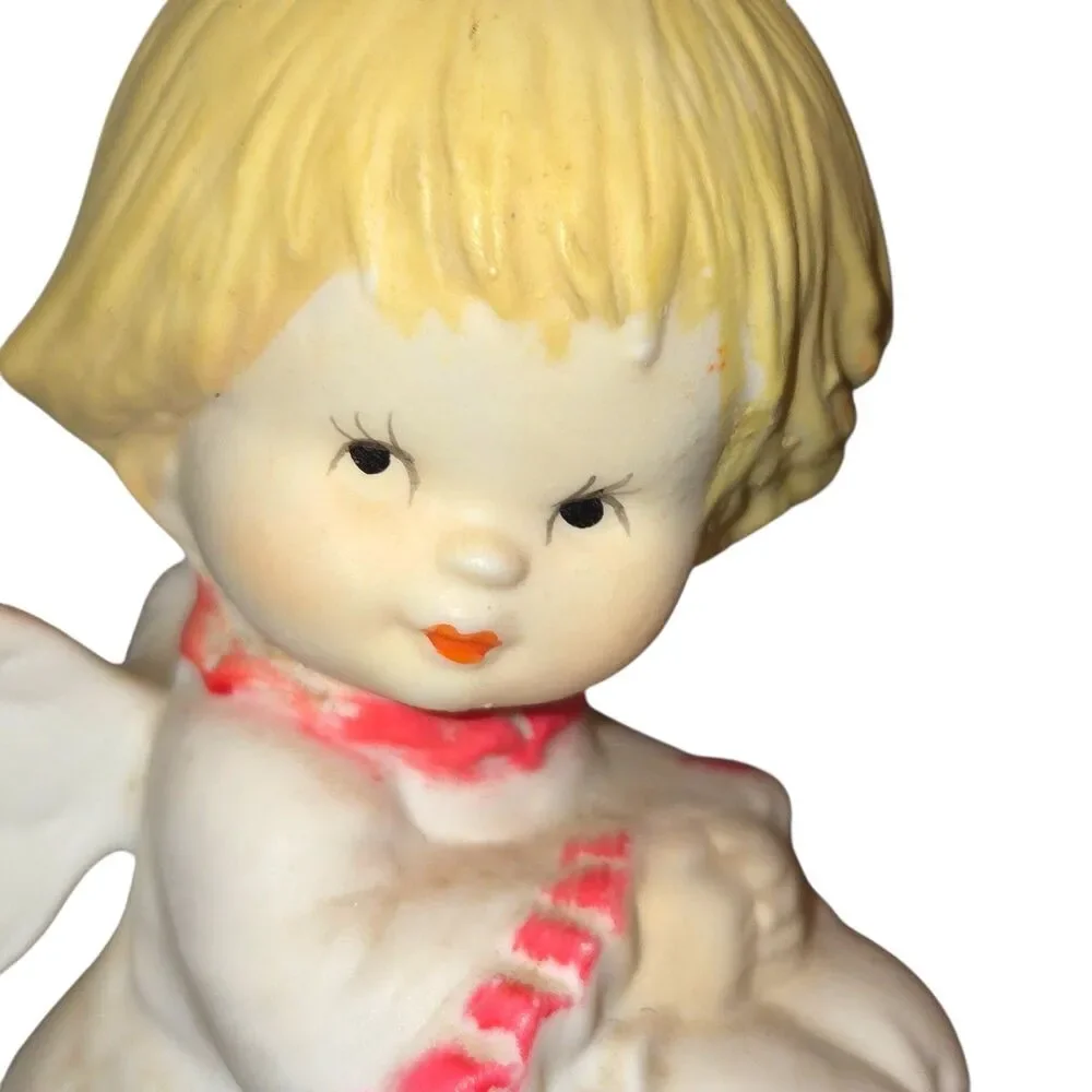 Vintage Pair of Red & White Porcelain Angel‎ Baby Cherub Christmas Ornaments